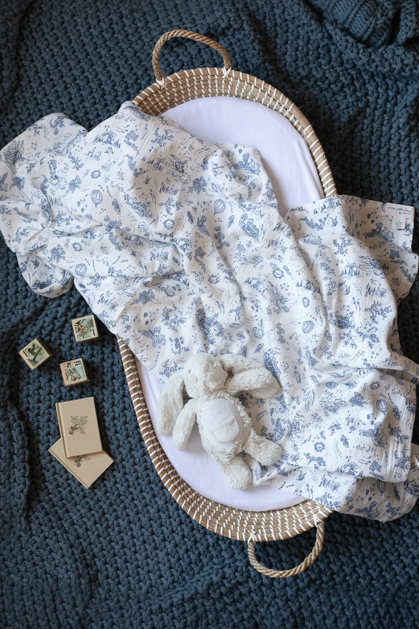 White bodysuit with blue “mon petit chou” embroidery and blue-and-white toile blanket in a moses basket.