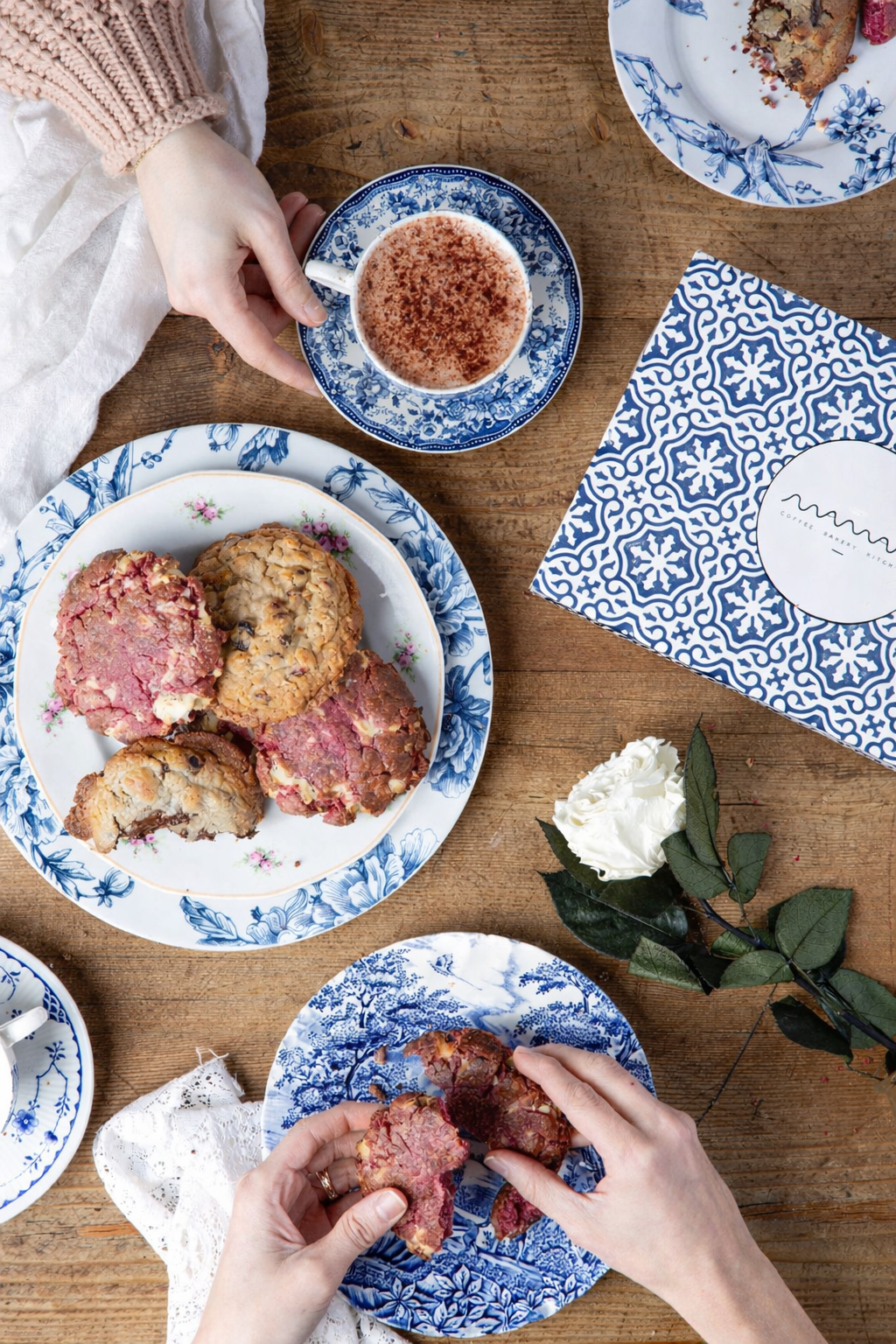 valentine's day cookie gift box with white chocolate raspberry rose cookie