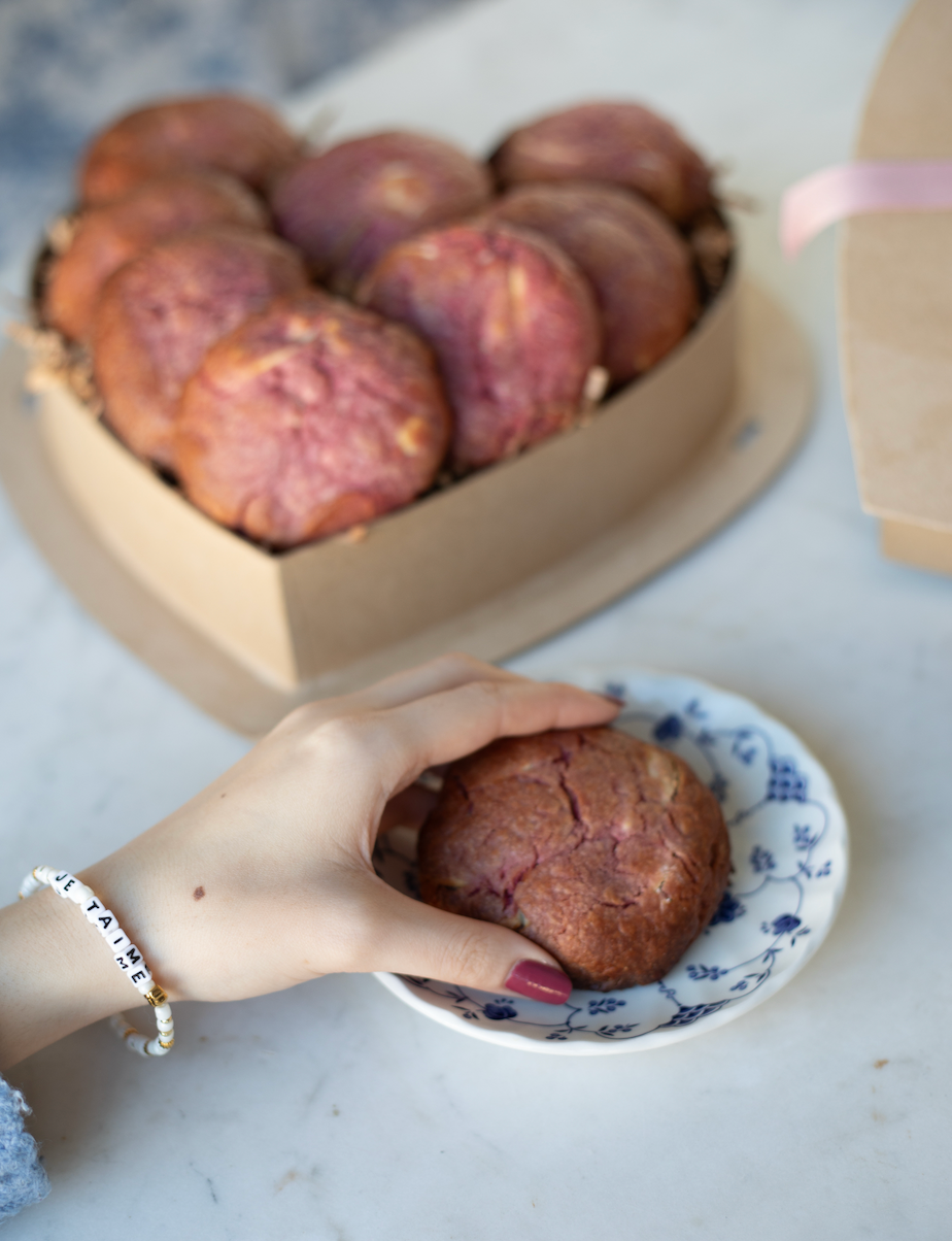 Heart-shaped box with nutty chocolate chip and white chocolate raspberry rose cookies; tied with pink ribbon - featuring je taime little words project bracelet