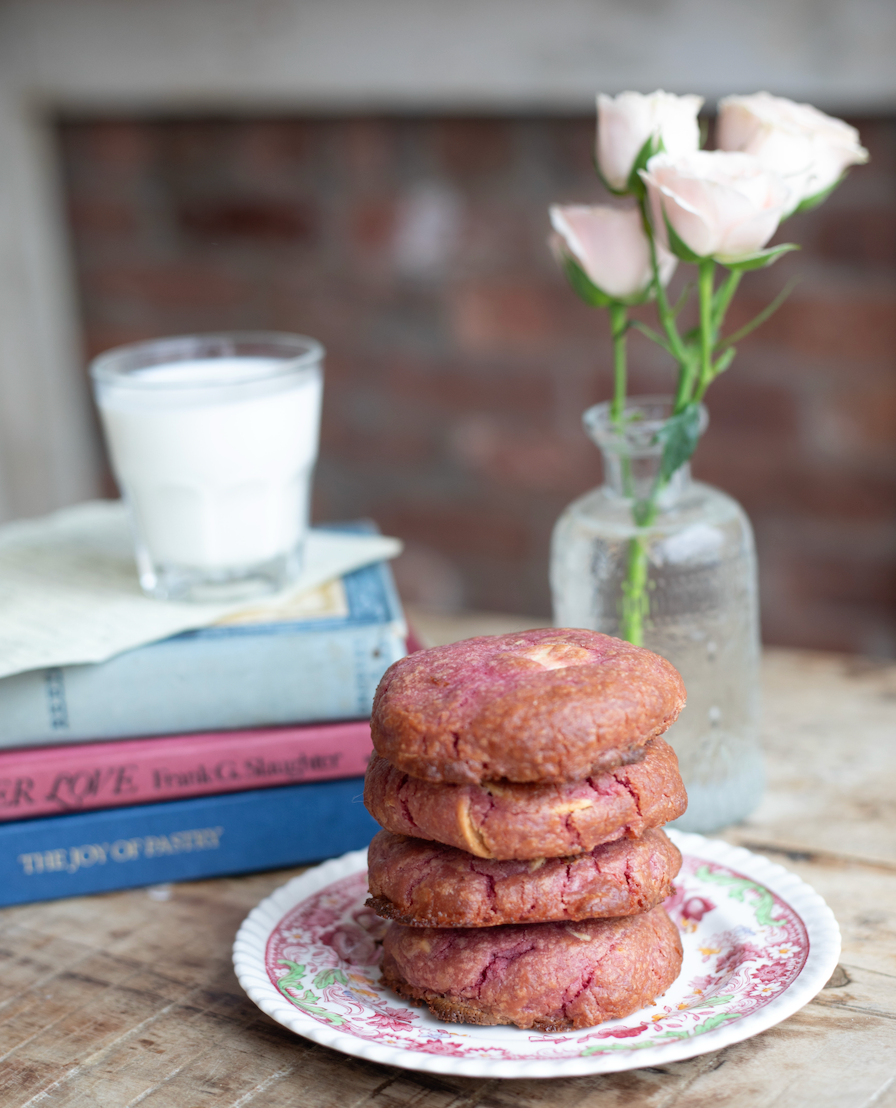 valentine's day cookie gift box with white chocolate raspberry rose cookie