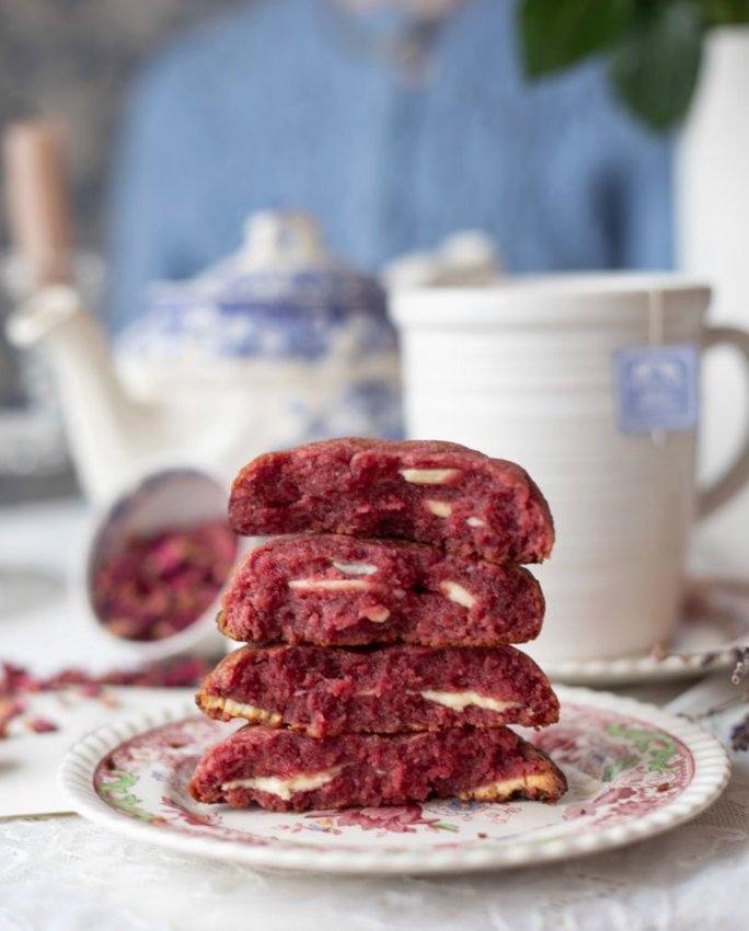valentine's day cookie gift box with white chocolate raspberry rose cookie