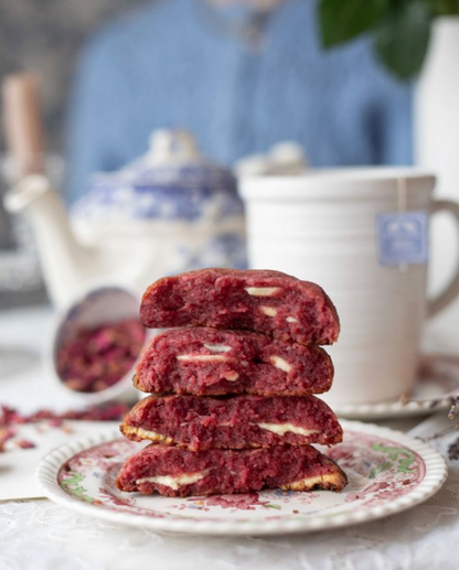 valentine's day cookie gift box with white chocolate raspberry rose cookie