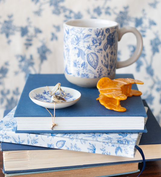 blue floral stoneware coffee mug