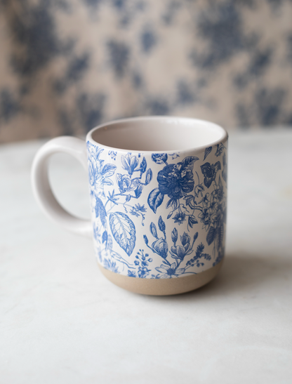 blue floral stoneware coffee mug