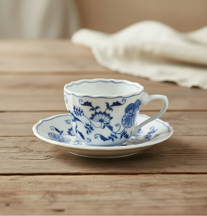 White ceramic cup and saucer with blue floral patterns on a white background