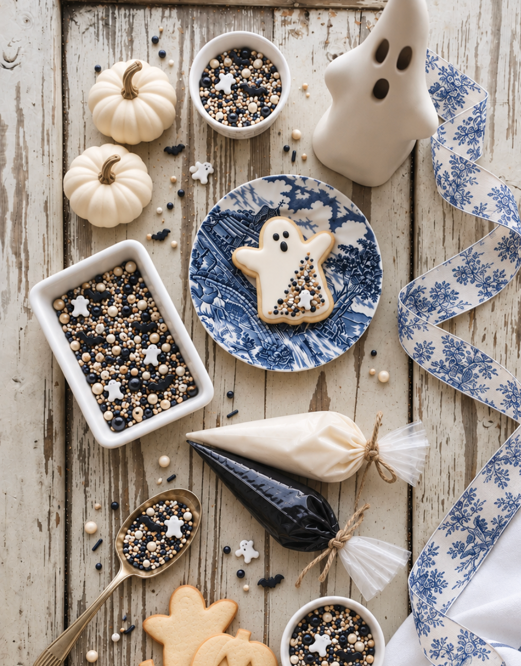 A styled flat-lay of Halloween-themed baking supplies and decorated cookies on a rustic white wooden table. Visible items include ghost-shaped and pumpkin-shaped sugar cookies, white and black sprinkles in bowls and piping bags, a blue-and-white floral ribbon, small white pumpkins, a ceramic ghost candle, and cookie cutters.