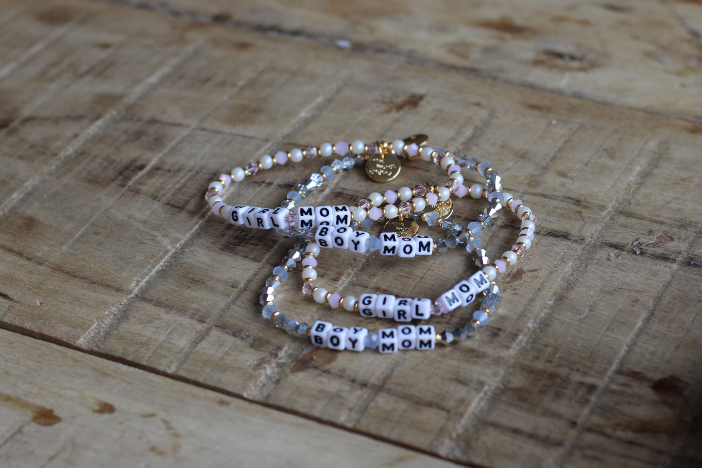 maman x Little Words Project boy mom and girl mom bracelets stacked