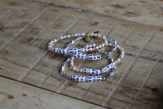 maman x Little Words Project boy mom and girl mom bracelets stacked