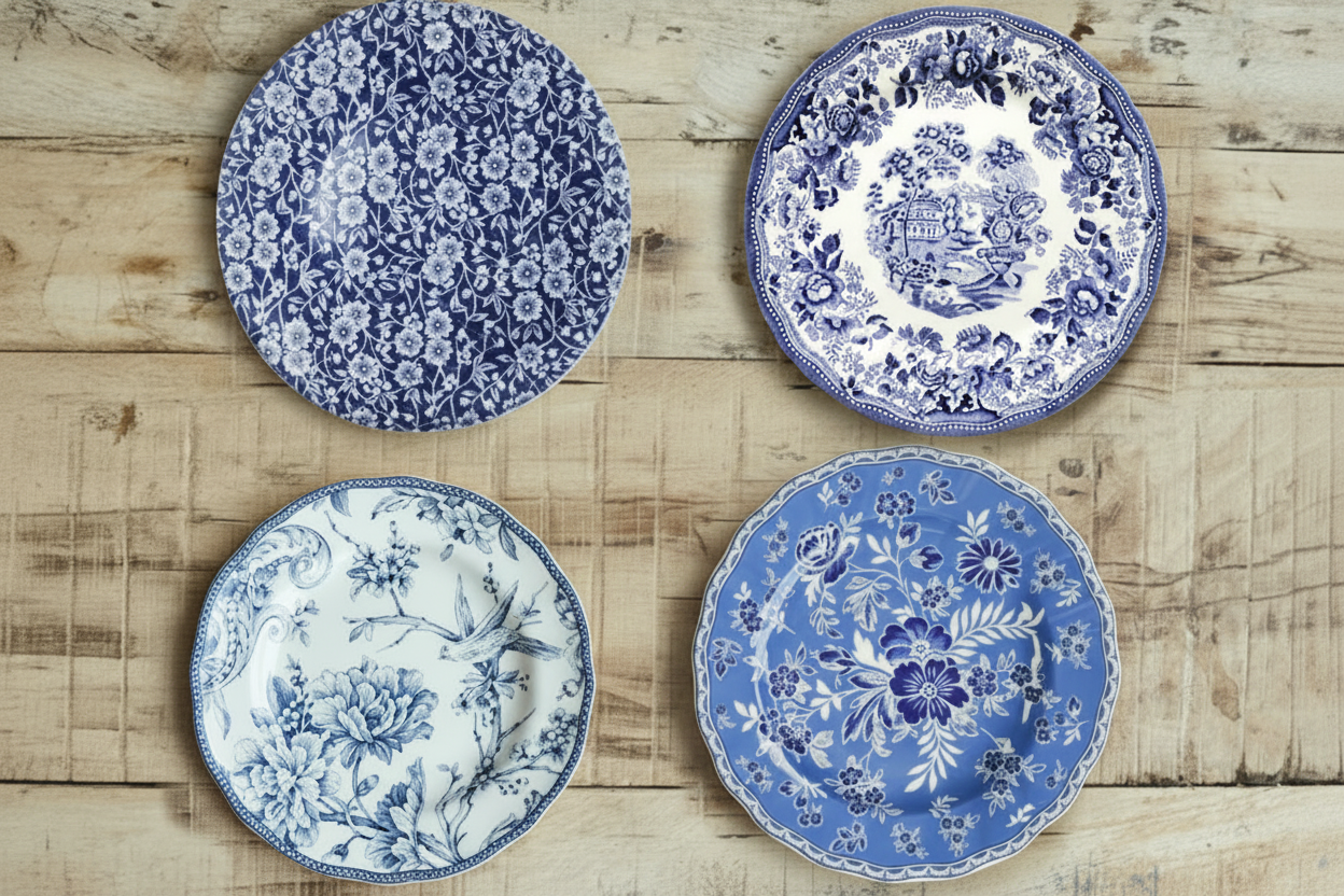 maman blue and white floral salad plate set — all four plates on table